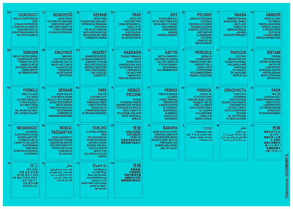 SINAMICS warning notice labels for SINAMICS module booksize format 1 sheet, 36 languages bg, cz, de, dk, ee, es, fi, fr, gb, gr, hu, ie, is, it, lt, l